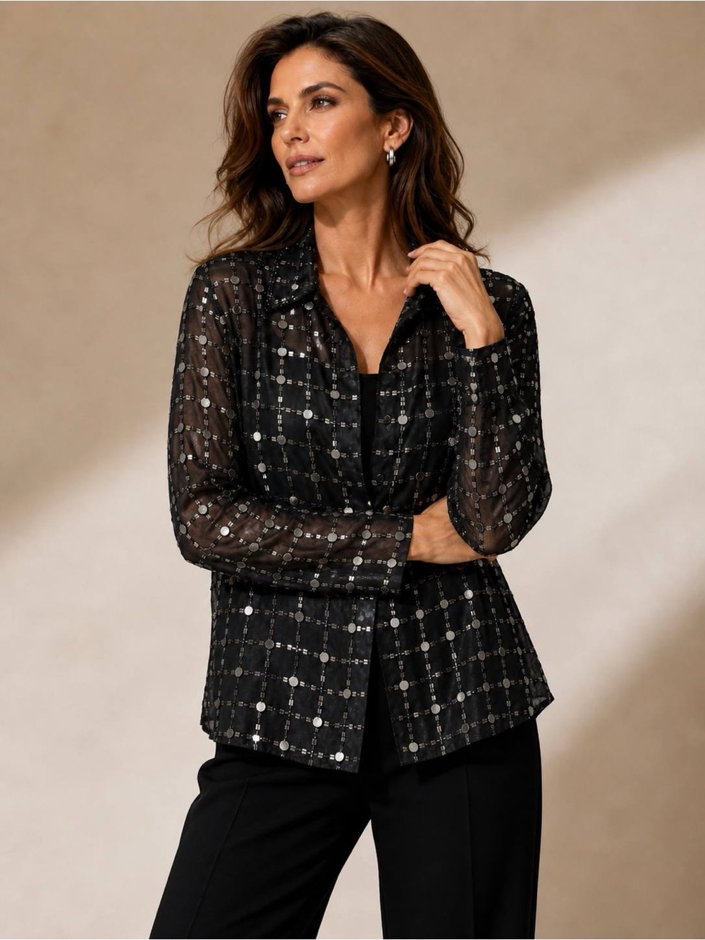 Stenay Woman Silk Beaded Sequin Blazer Jacket Plus 1X Black Sheer Embellished